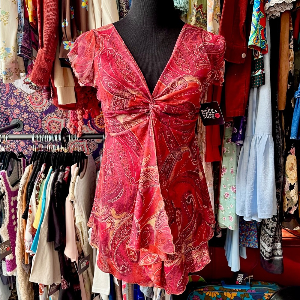 Y2K Red Paisley Top